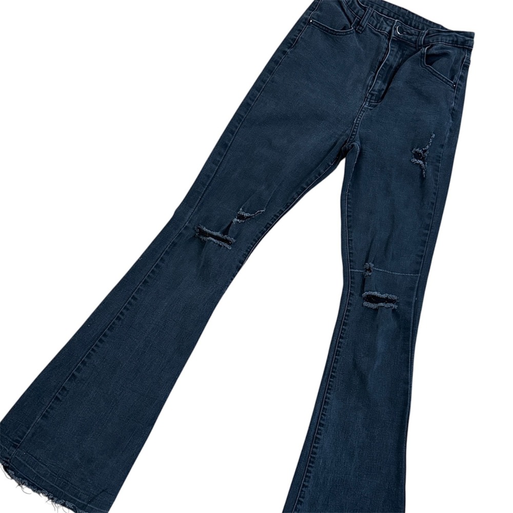 SHEIN Women Black Distressed High Waisted Flare Jeans Ripped Raw Hem Size S